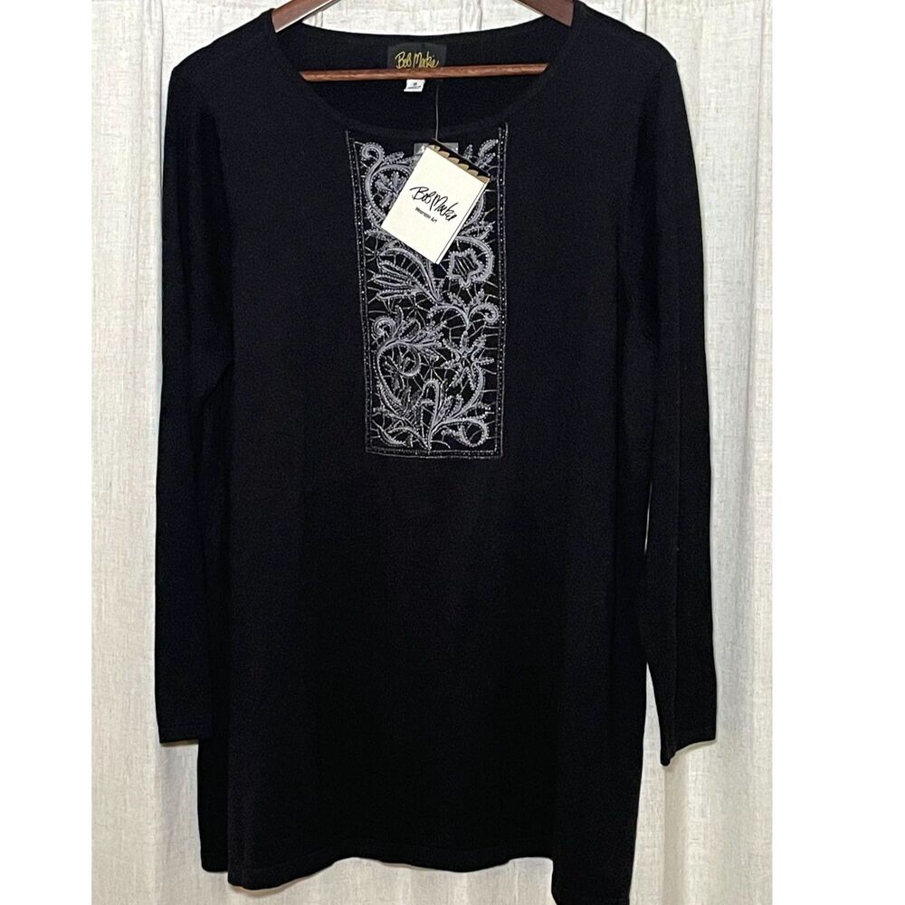 Bob Mackie 1X Black Embroidered Beaded Tunic Top Wearable Art NWT